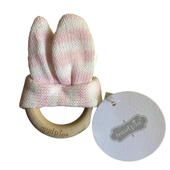 MUD PIE Wooden Teething Ring w/ Knit Bunny Ears - Picture 3 of 6